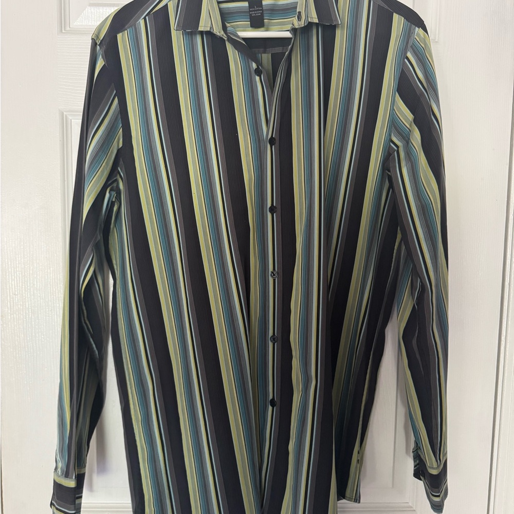 INC International Concepts Men's Striped Black and Green Shirt Slim Fit